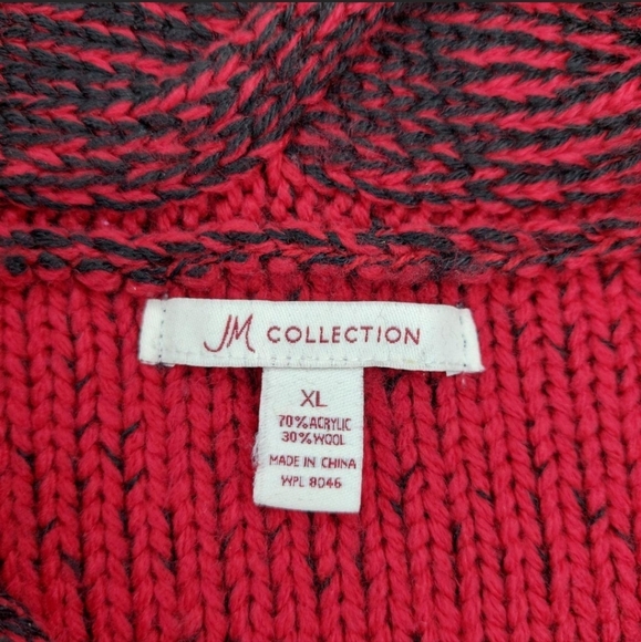 JM Collection Wool Cableknit Button Up Sweater Coat Chunky Collared XL Black Red - Picture 7 of 7